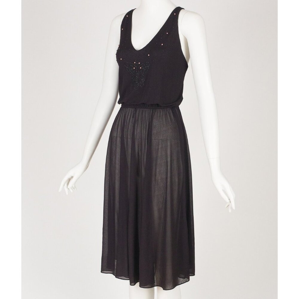 1970s Vintage Beaded Butterfly Black Jersey Cross Back Disco Dress Sz XS